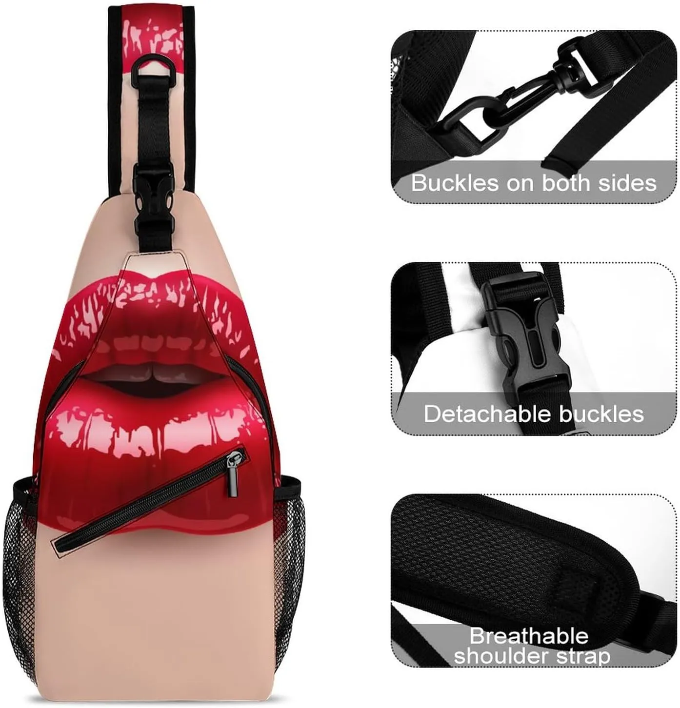3D Red Sexy Lips Crossbody Sling Backpack Kiss Lipstick Sling Bag Adjustable Travel Hiking Chest Bags Daypack