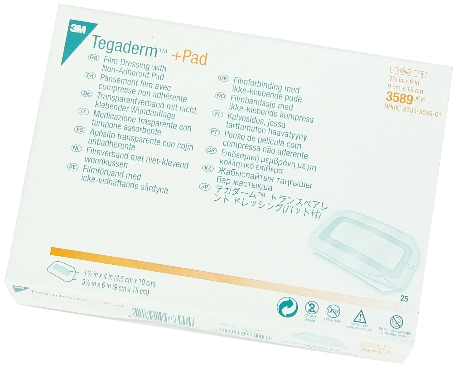 3M™ Tegaderm™  Pad Film Dressing with Non-Adherent Pad, 3589E, 3-1/2 in x6 in, 1 / Bag, 100 Bags / Case