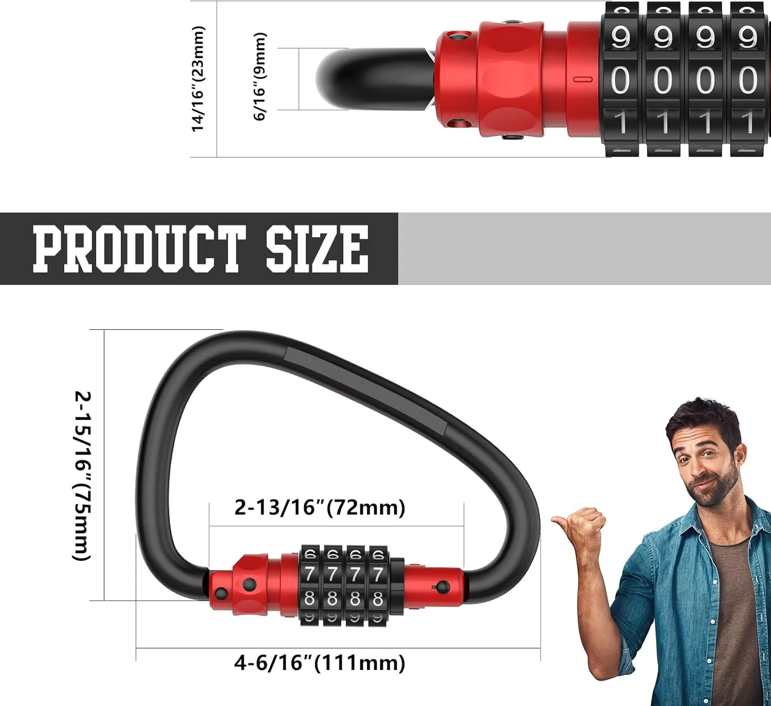 4-Digit Combination Locks, Heavy Duty D-Shaped Carabiner Clips, Keyless Security Combo Lock for Bike, Helmet, Suitcase Luggage, Ski Equipment, Travel Baggage Backpack (1, Red)