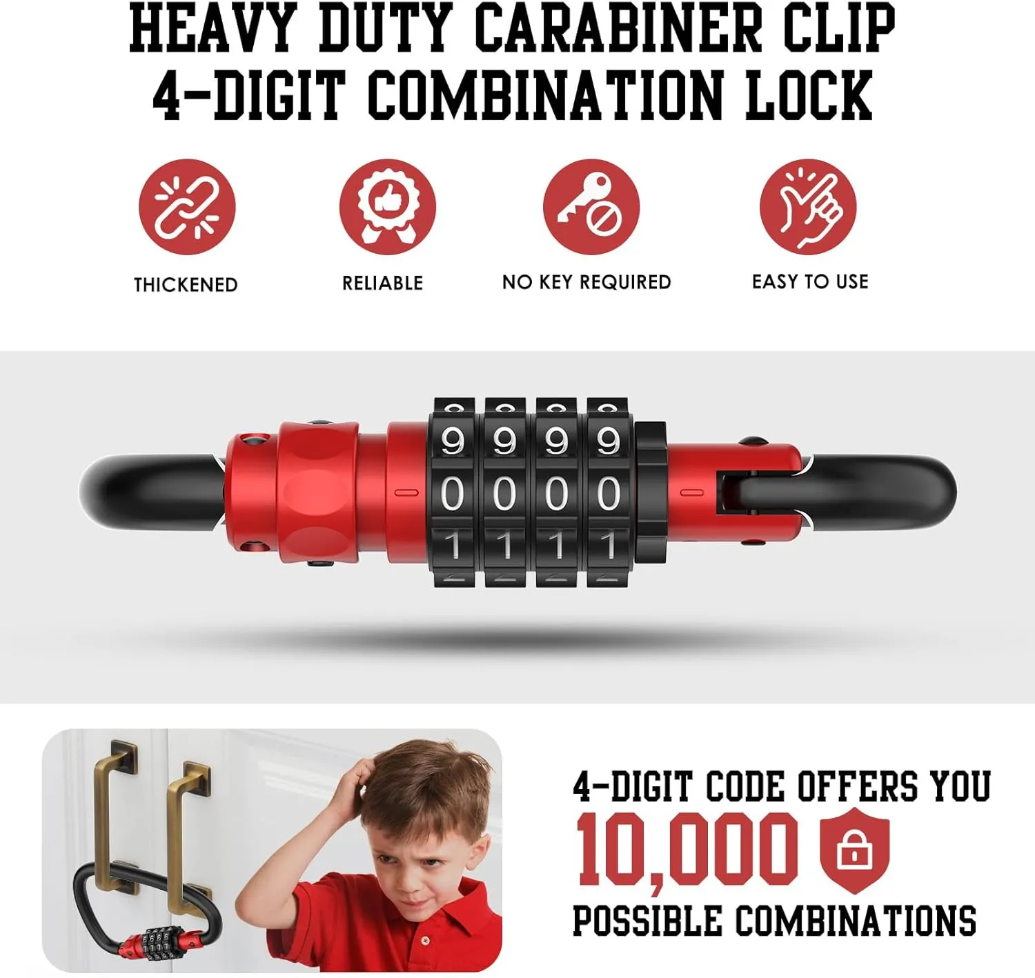 4-Digit Combination Locks, Heavy Duty D-Shaped Carabiner Clips, Keyless Security Combo Lock for Bike, Helmet, Suitcase Luggage, Ski Equipment, Travel Baggage Backpack (1, Red)