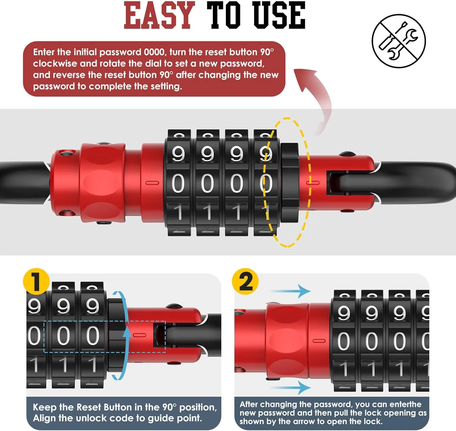 4-Digit Combination Locks, Heavy Duty D-Shaped Carabiner Clips, Keyless Security Combo Lock for Bike, Helmet, Suitcase Luggage, Ski Equipment, Travel Baggage Backpack (1, Red)