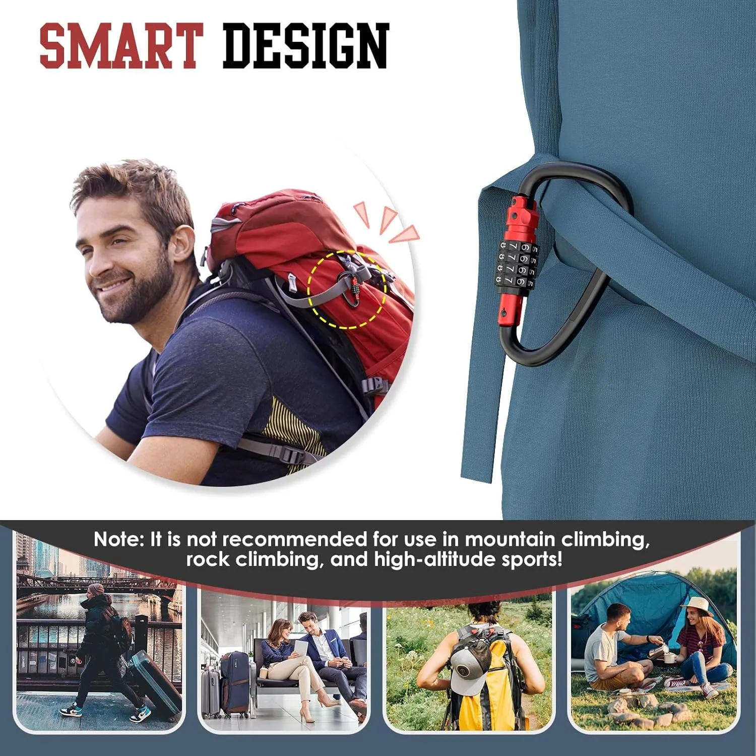 4-Digit Combination Locks, Heavy Duty D-Shaped Carabiner Clips, Keyless Security Combo Lock for Bike, Helmet, Suitcase Luggage, Ski Equipment, Travel Baggage Backpack (1, Red)