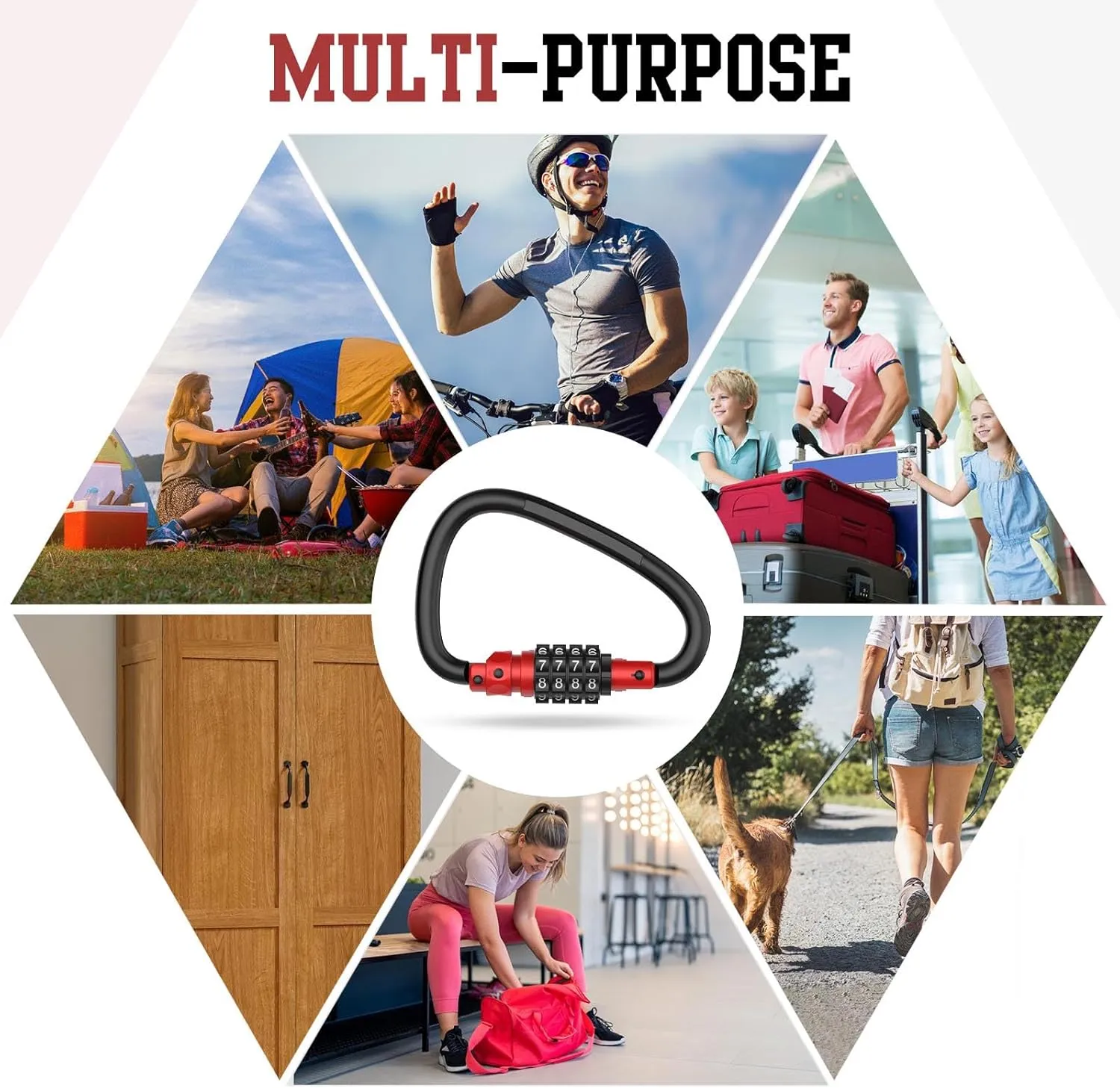 4-Digit Combination Locks, Heavy Duty D-Shaped Carabiner Clips, Keyless Security Combo Lock for Bike, Helmet, Suitcase Luggage, Ski Equipment, Travel Baggage Backpack (1, Red)