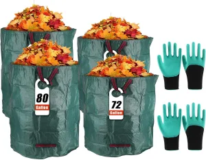 4-Pack 72 & 80 Gallons Yard Lawn Garden Waste Bags, Reusable Patio Leaf Trash Bin, Laundry Container, Gardening Trimmings Bag with 2 Pcs Coated Garden Gloves