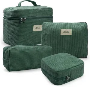 4 Pcs Makeup Bag for Women Corduroy Cosmetic Bag Aesthetic Cute Bags Multi Size Purse Pouch Travel Toiletry Bag Set Makeup Organizer with Zipper (GreenCorduroy)