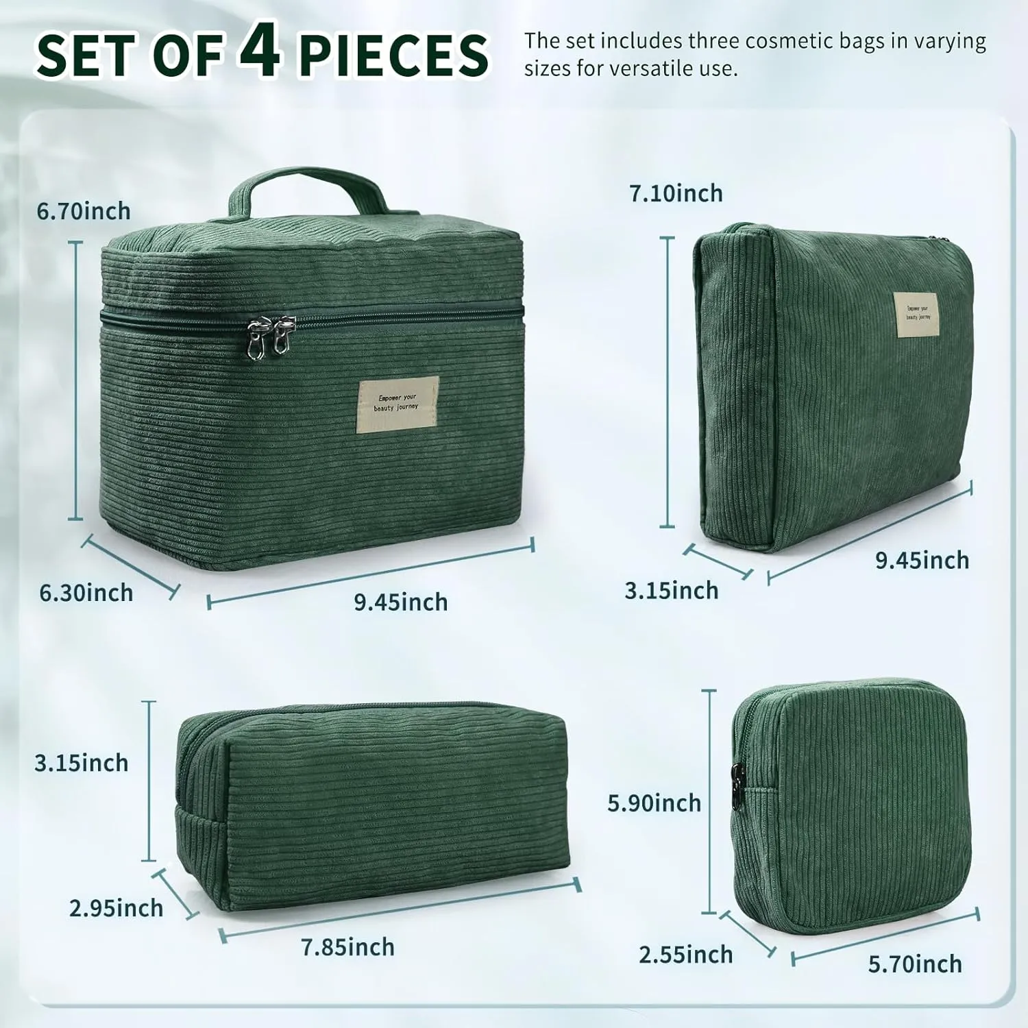 4 Pcs Makeup Bag for Women Corduroy Cosmetic Bag Aesthetic Cute Bags Multi Size Purse Pouch Travel Toiletry Bag Set Makeup Organizer with Zipper (GreenCorduroy)