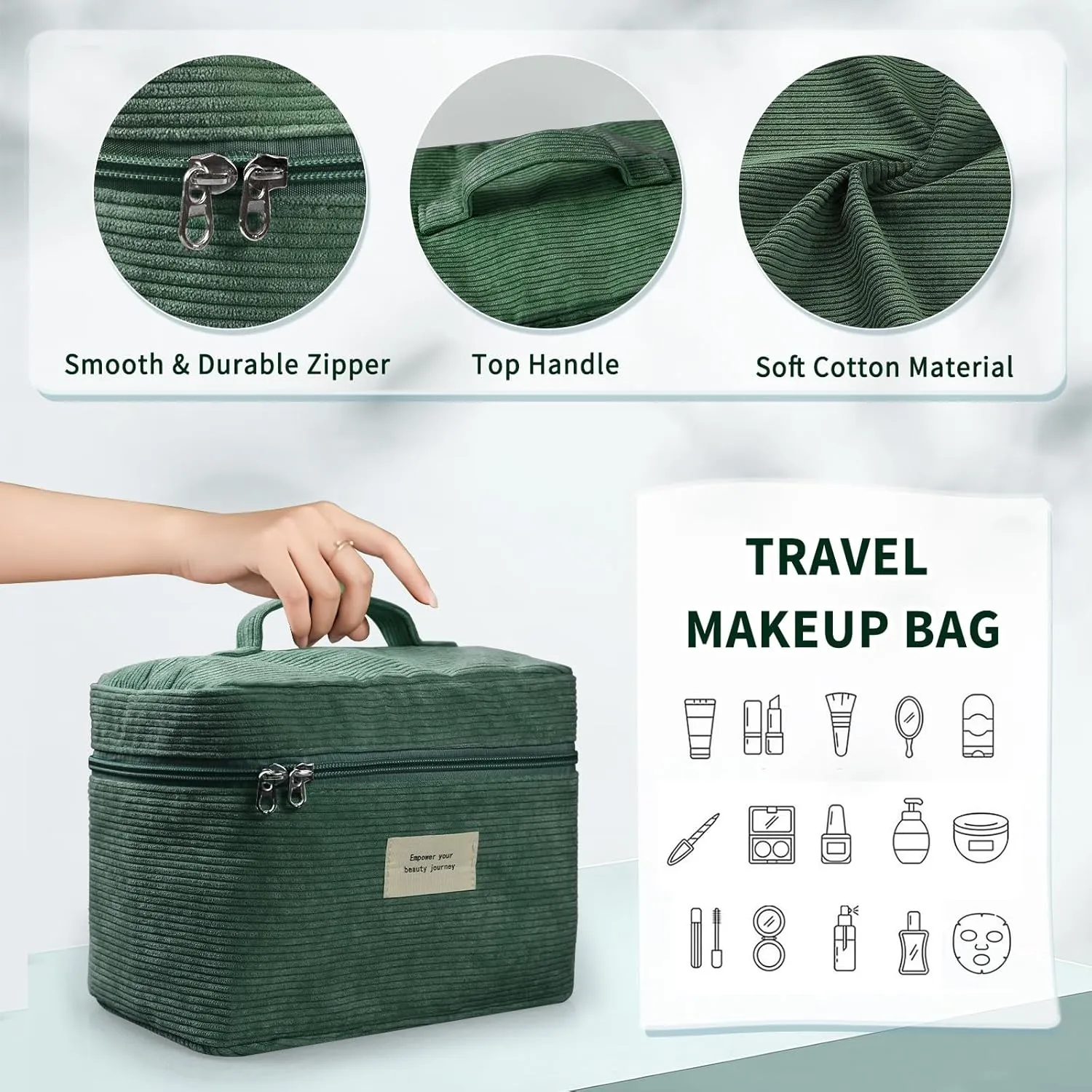 4 Pcs Makeup Bag for Women Corduroy Cosmetic Bag Aesthetic Cute Bags Multi Size Purse Pouch Travel Toiletry Bag Set Makeup Organizer with Zipper (GreenCorduroy)