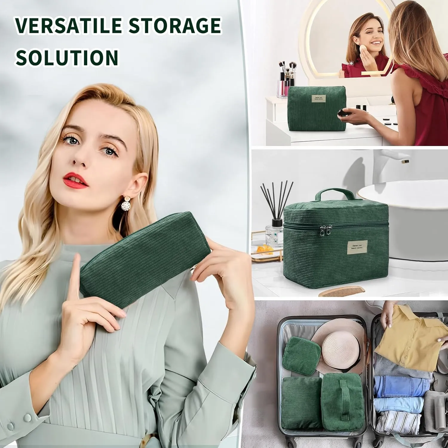 4 Pcs Makeup Bag for Women Corduroy Cosmetic Bag Aesthetic Cute Bags Multi Size Purse Pouch Travel Toiletry Bag Set Makeup Organizer with Zipper (GreenCorduroy)