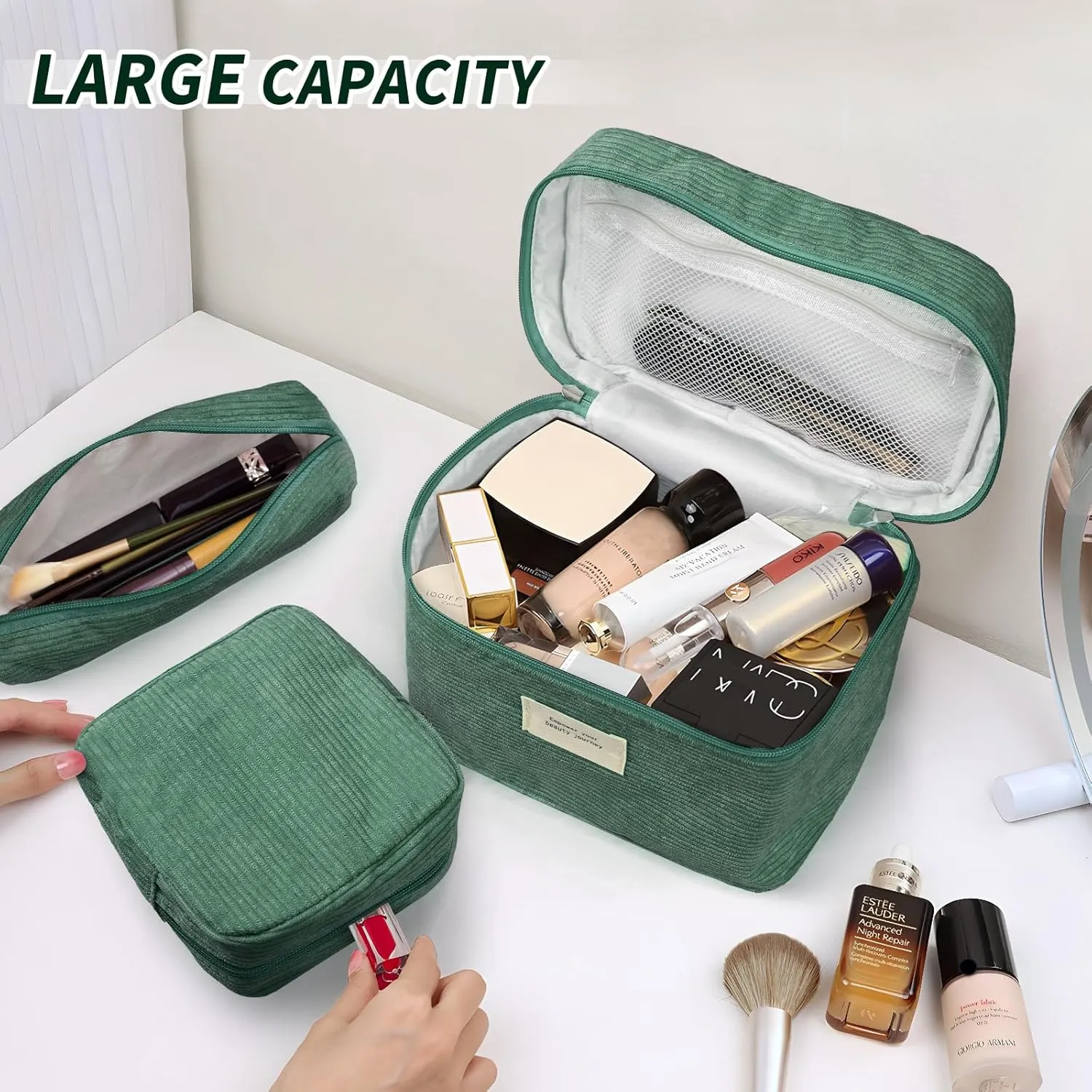 4 Pcs Makeup Bag for Women Corduroy Cosmetic Bag Aesthetic Cute Bags Multi Size Purse Pouch Travel Toiletry Bag Set Makeup Organizer with Zipper (GreenCorduroy)