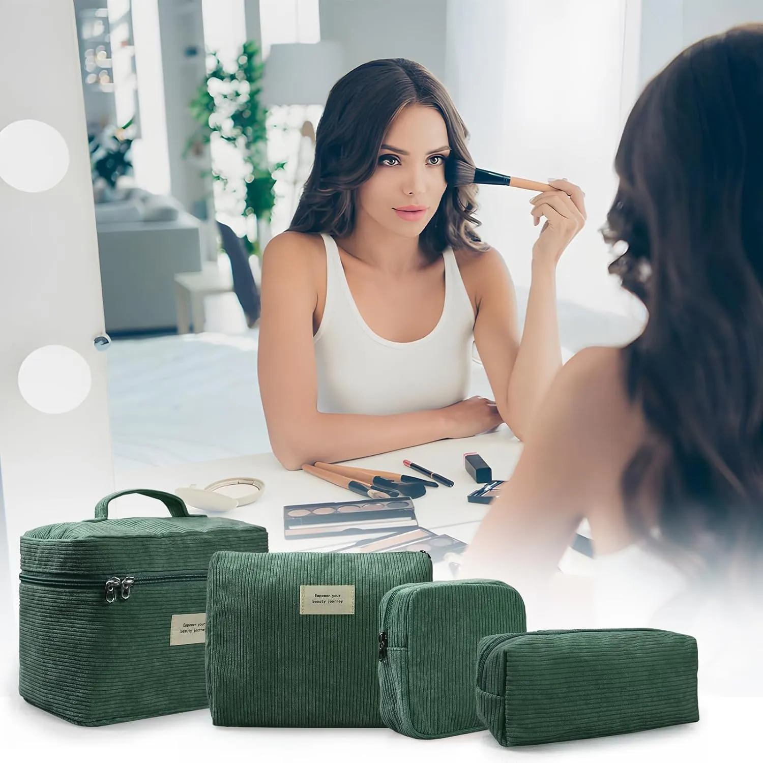 4 Pcs Makeup Bag for Women Corduroy Cosmetic Bag Aesthetic Cute Bags Multi Size Purse Pouch Travel Toiletry Bag Set Makeup Organizer with Zipper (GreenCorduroy)