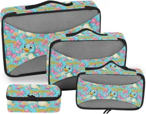 4 Pcs set organizer bags set Mesh Travel Essentials Cute Catoon Duck Blue Flower lightweight packing bags