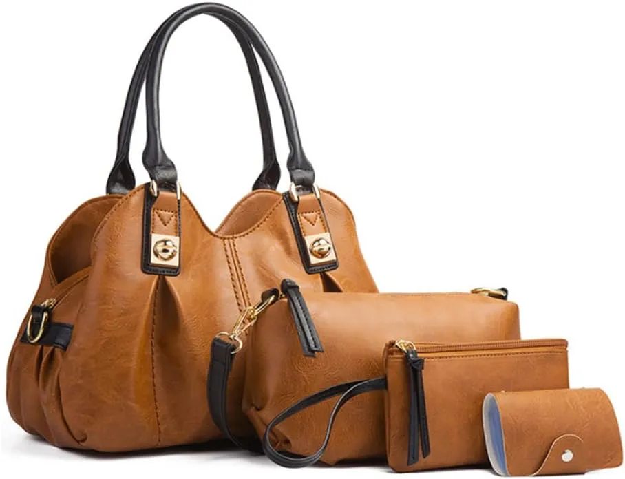 4pcs Women Retro Top-handle Handbag Set Tote Purse Faux Leather Shoulder Bag Clutch Card Holder