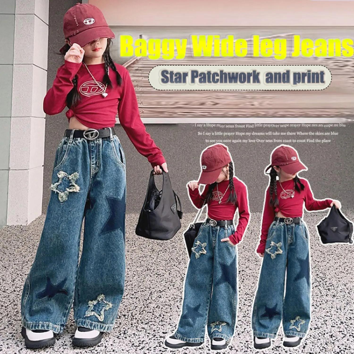 5-14 yrs Kids Girls Jeans Distressed Elastic Waist Baggy Denim Wide Leg Pants Trousers