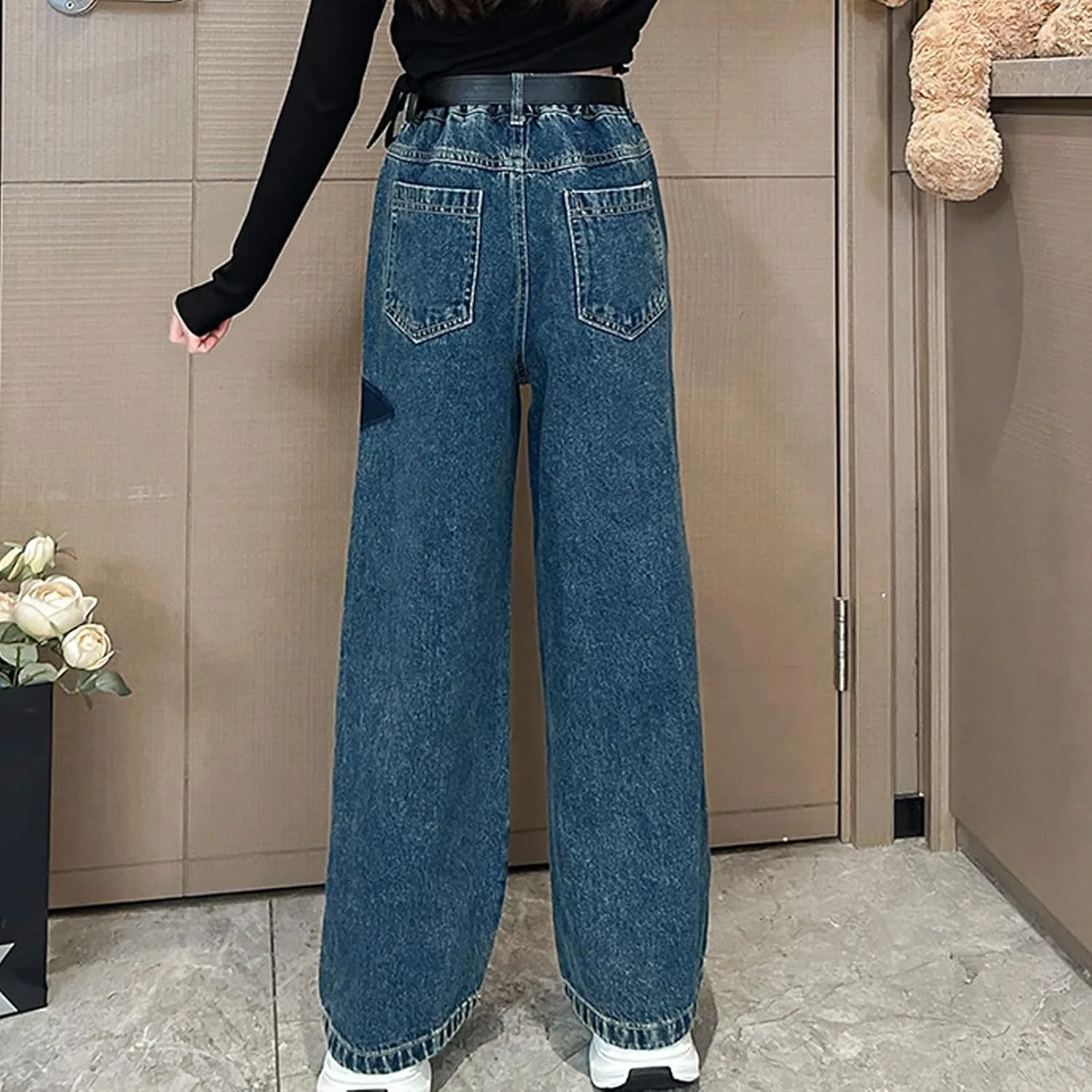 5-14 yrs Kids Girls Jeans Distressed Elastic Waist Baggy Denim Wide Leg Pants Trousers