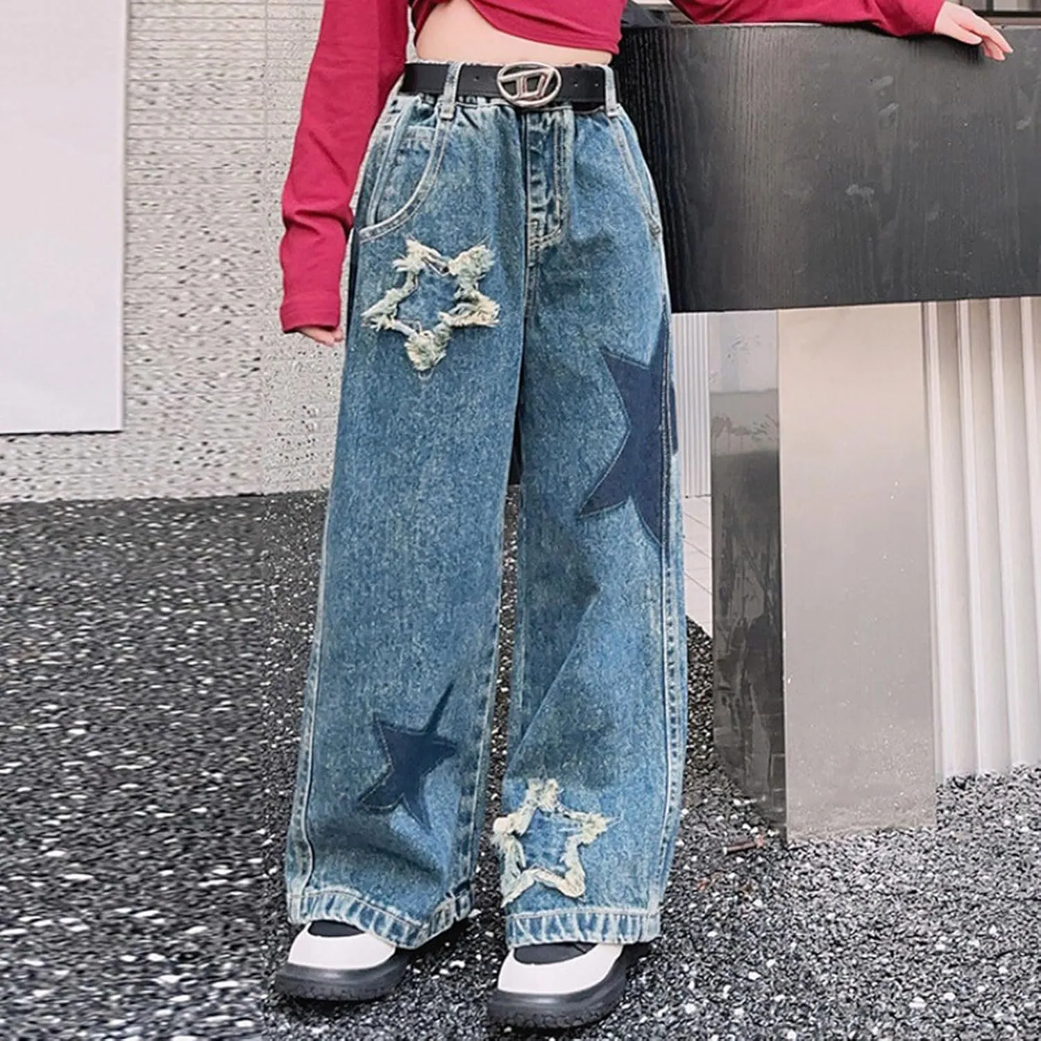 5-14 yrs Kids Girls Jeans Distressed Elastic Waist Baggy Denim Wide Leg Pants Trousers