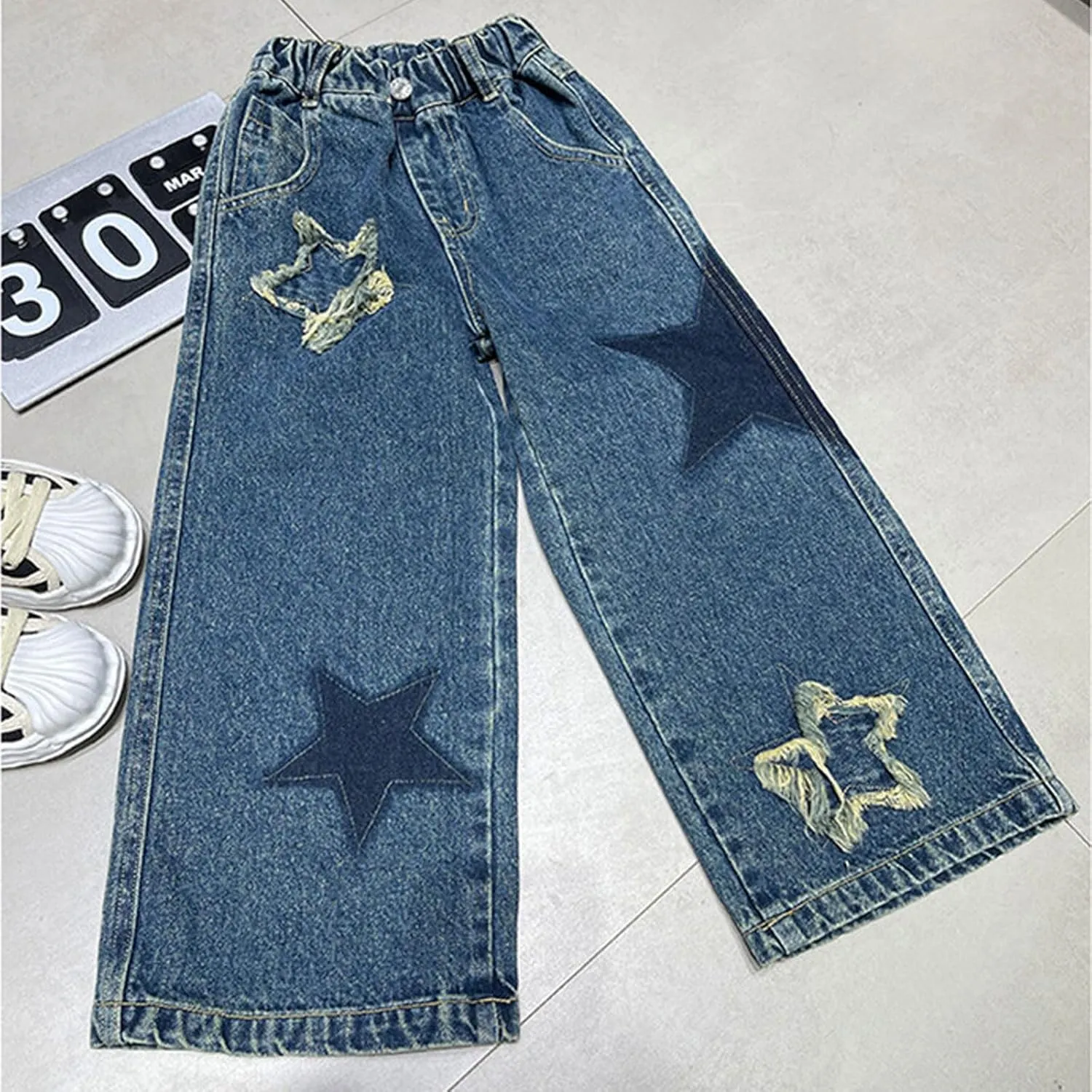 5-14 yrs Kids Girls Jeans Distressed Elastic Waist Baggy Denim Wide Leg Pants Trousers