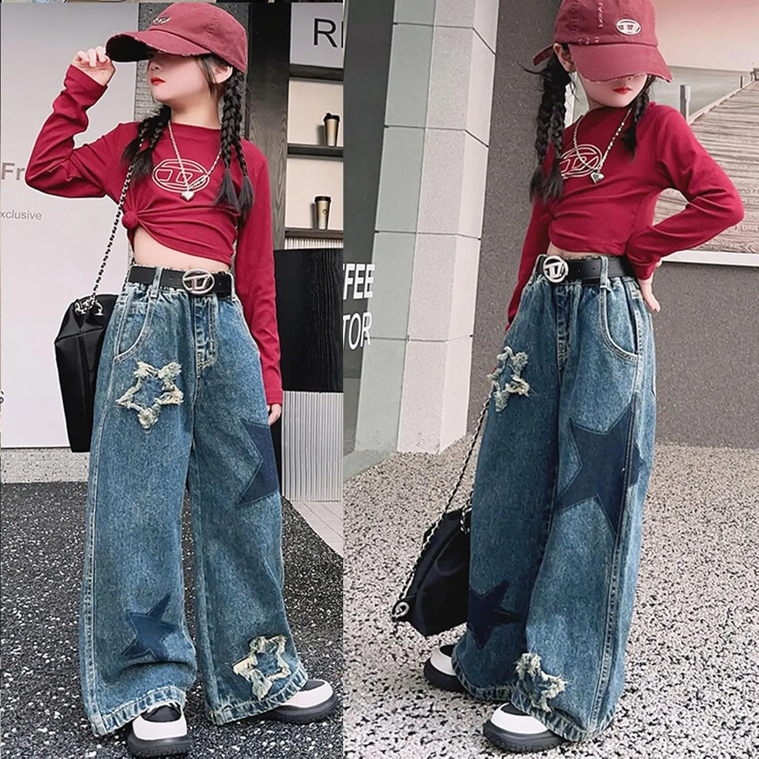 5-14 yrs Kids Girls Jeans Distressed Elastic Waist Baggy Denim Wide Leg Pants Trousers