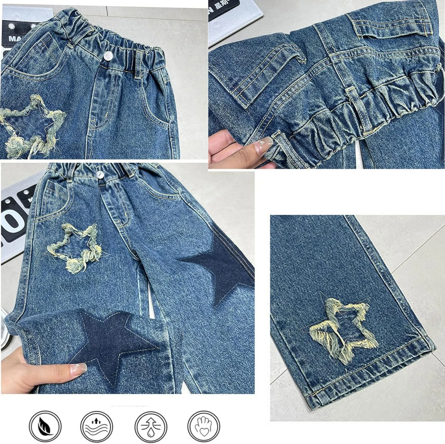 5-14 yrs Kids Girls Jeans Distressed Elastic Waist Baggy Denim Wide Leg Pants Trousers
