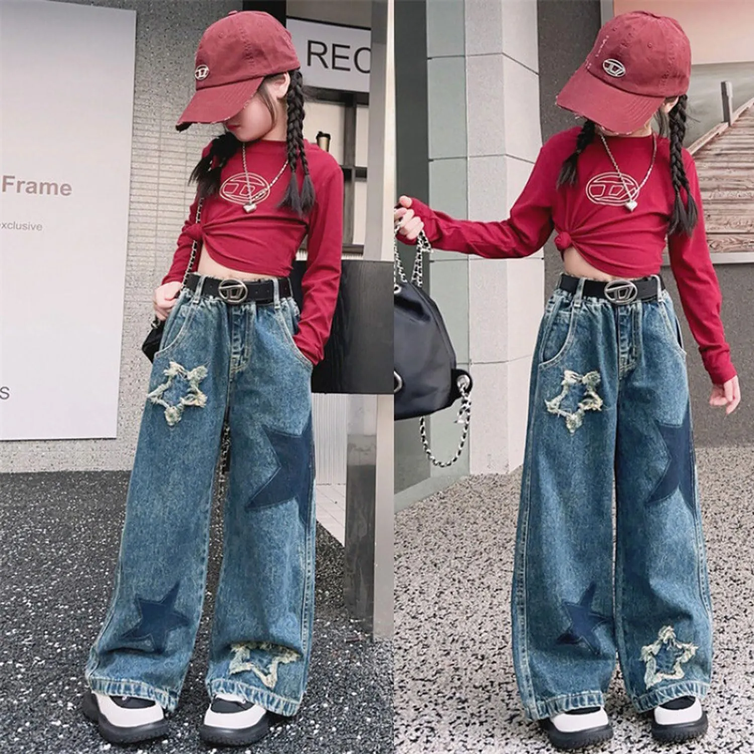 5-14 yrs Kids Girls Jeans Distressed Elastic Waist Baggy Denim Wide Leg Pants Trousers