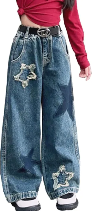 5-14 yrs Kids Girls Jeans Distressed Elastic Waist Baggy Denim Wide Leg Pants Trousers