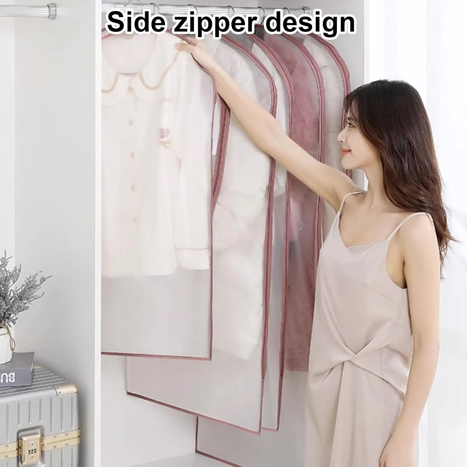 5 Pack Clear Garment Bags, Clothes Cover for Hanging with Side Zipper, Dust-Free Clothes Storage for Wardrobe and Travel(Pink,60x130cm)