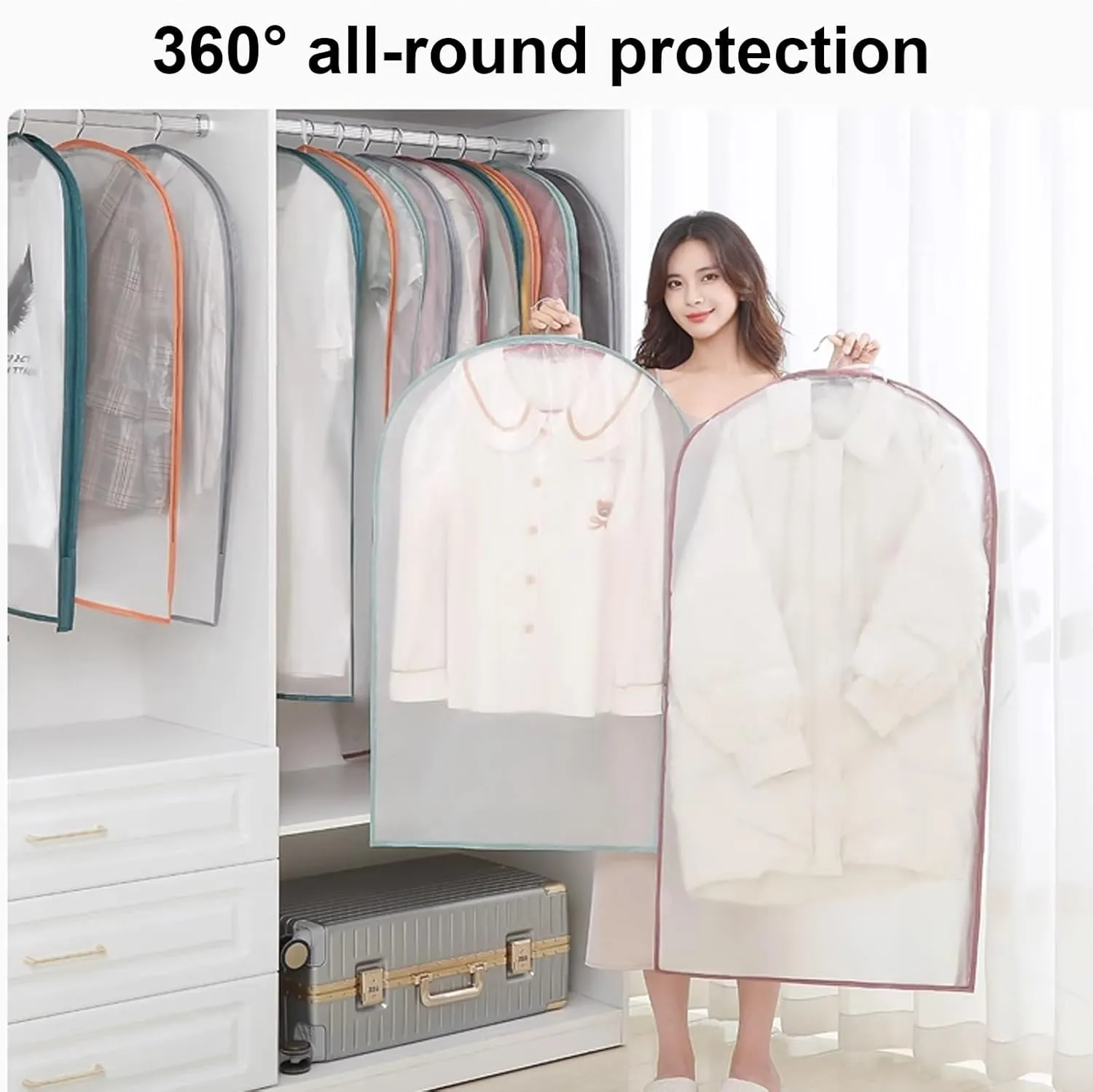5 Pack Clear Garment Bags, Clothes Cover for Hanging with Side Zipper, Dust-Free Clothes Storage for Wardrobe and Travel(Pink,60x130cm)