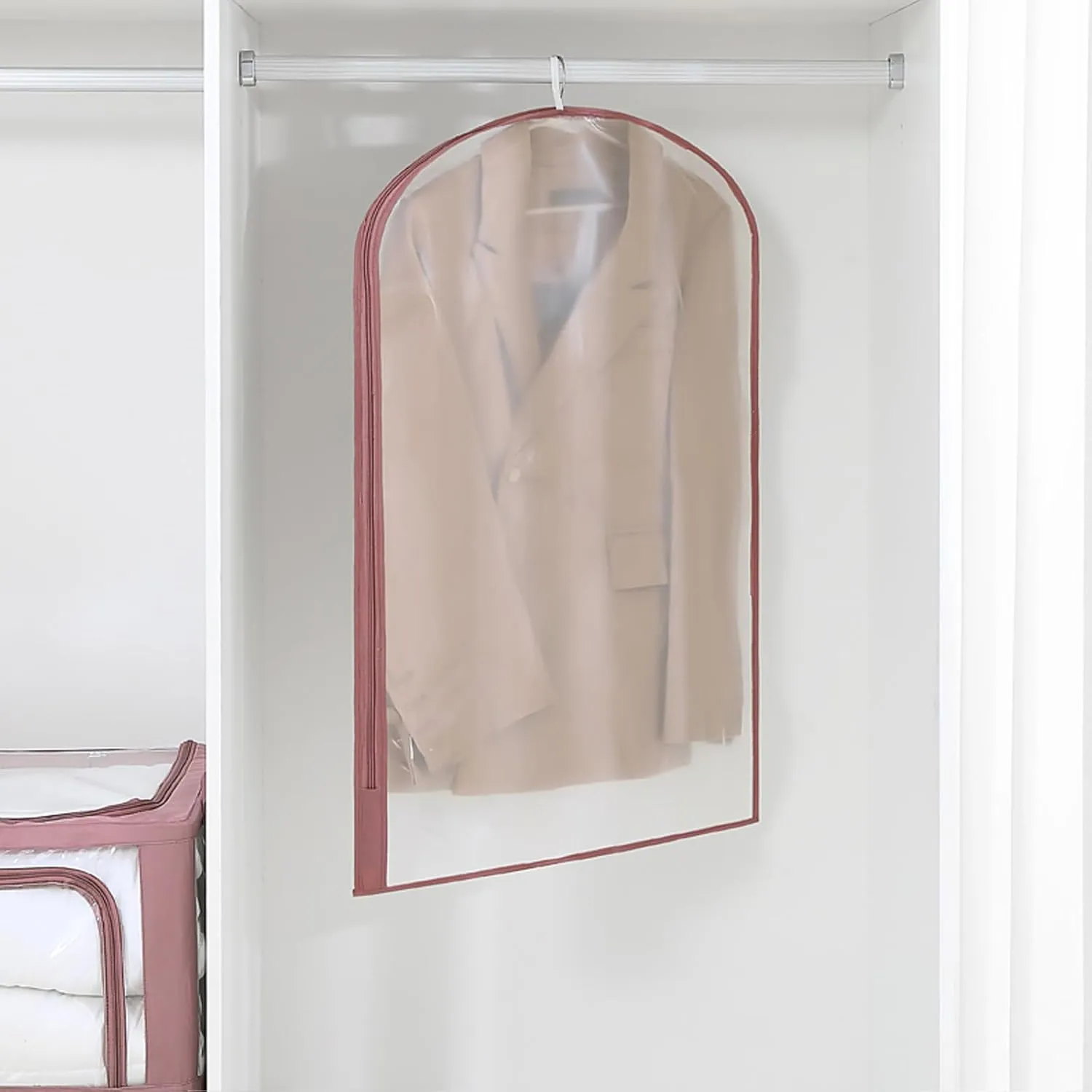5 Pack Clear Garment Bags, Clothes Cover for Hanging with Side Zipper, Dust-Free Clothes Storage for Wardrobe and Travel(Pink,60x130cm)