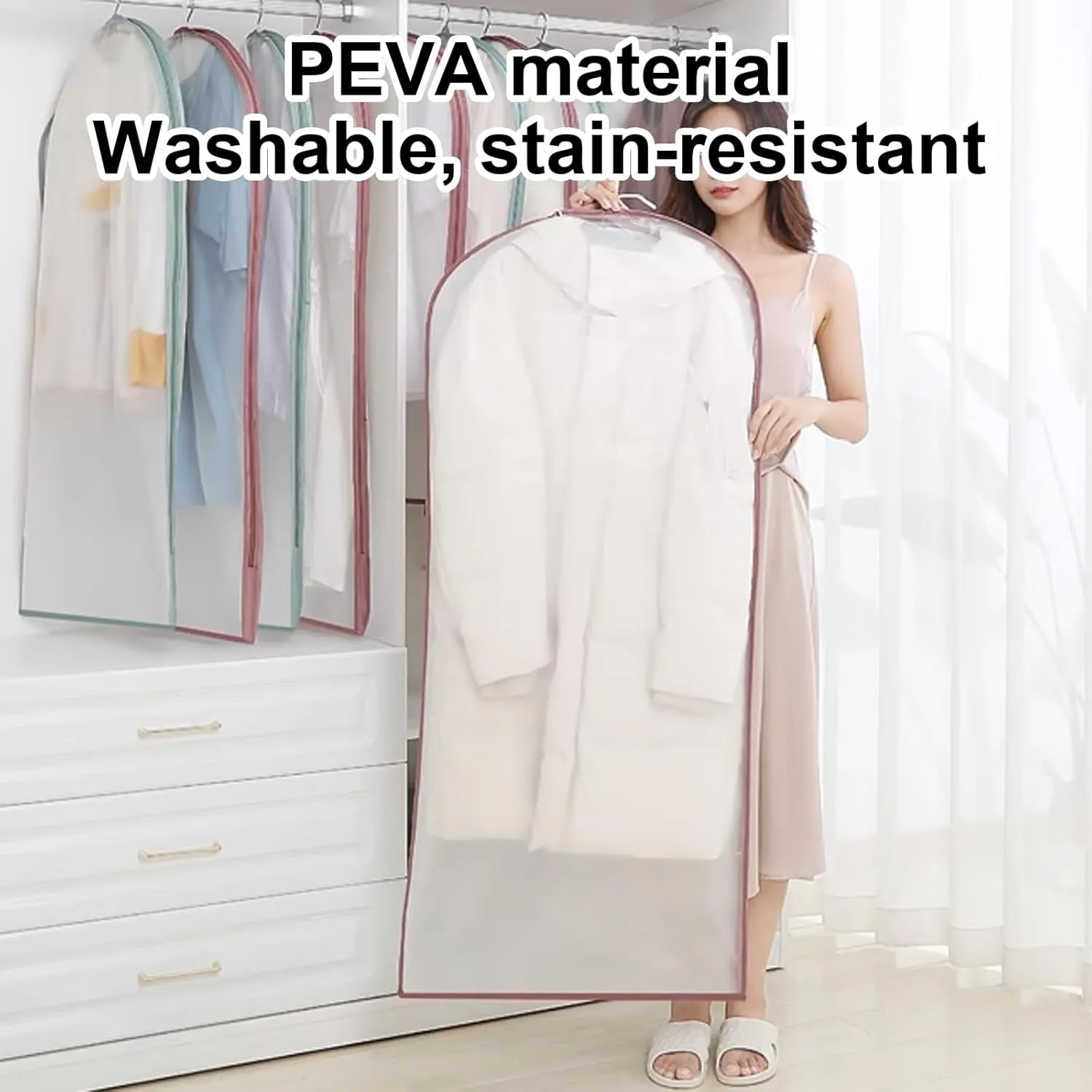 5 Pack Clear Garment Bags, Clothes Cover for Hanging with Side Zipper, Dust-Free Clothes Storage for Wardrobe and Travel(Pink,60x130cm)