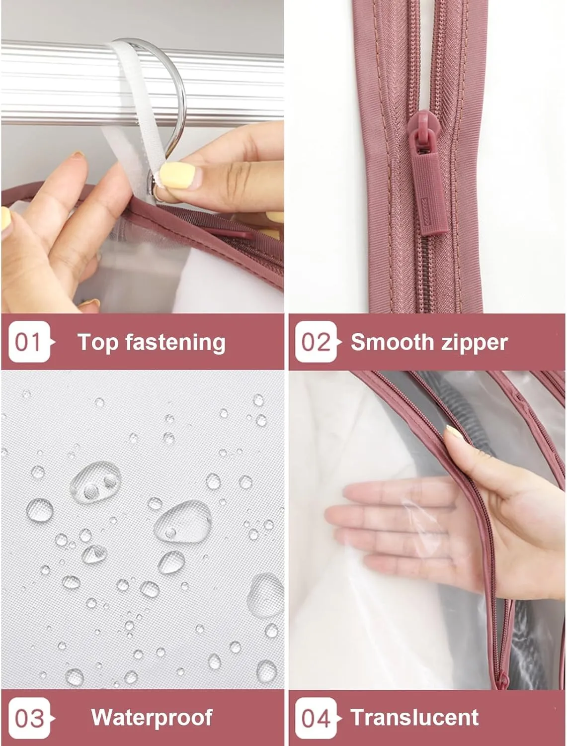 5 Pack Clear Garment Bags, Clothes Cover for Hanging with Side Zipper, Dust-Free Clothes Storage for Wardrobe and Travel(Pink,60x130cm)
