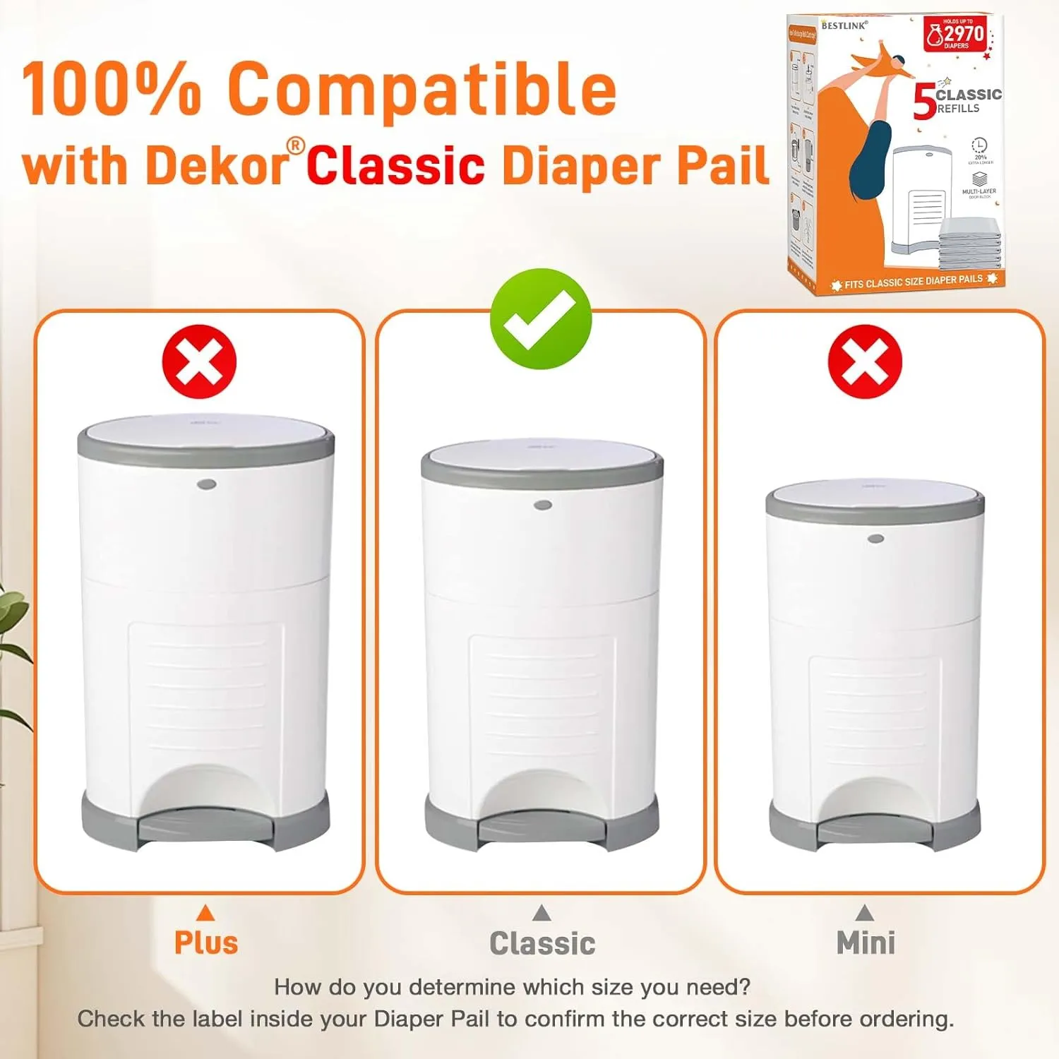 5 Pack Refills Compatible with DEKOR CLASSIC Diaper Pails | 20% Extra Length Diaper Pail Refill Bags Liners Holds 2970 Diapers | Ultimate Odor Control with Baby Scented