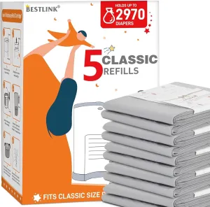 5 Pack Refills Compatible with DEKOR CLASSIC Diaper Pails | 20% Extra Length Diaper Pail Refill Bags Liners Holds 2970 Diapers | Ultimate Odor Control with Baby Scented