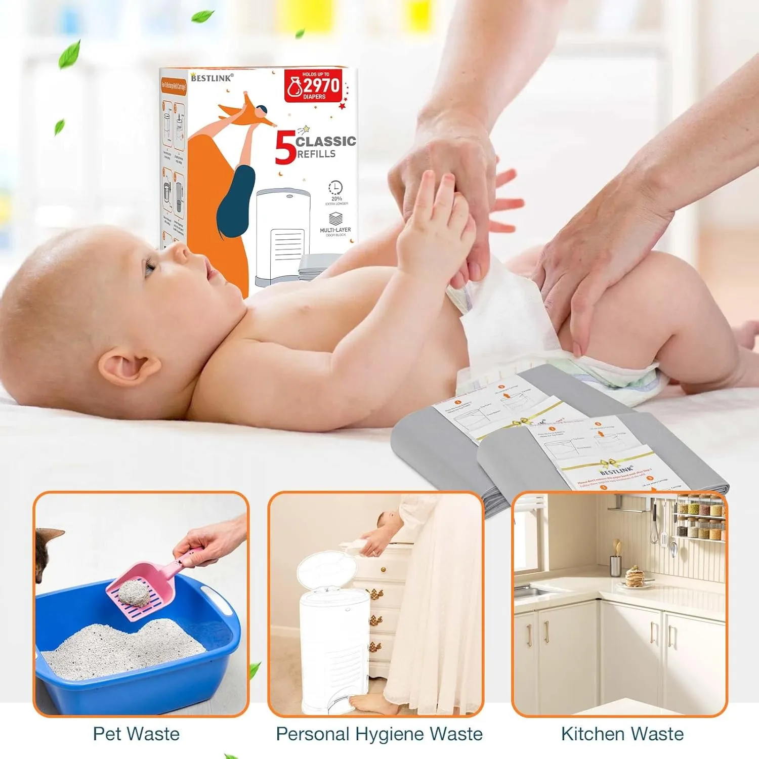 5 Pack Refills Compatible with DEKOR CLASSIC Diaper Pails | 20% Extra Length Diaper Pail Refill Bags Liners Holds 2970 Diapers | Ultimate Odor Control with Baby Scented
