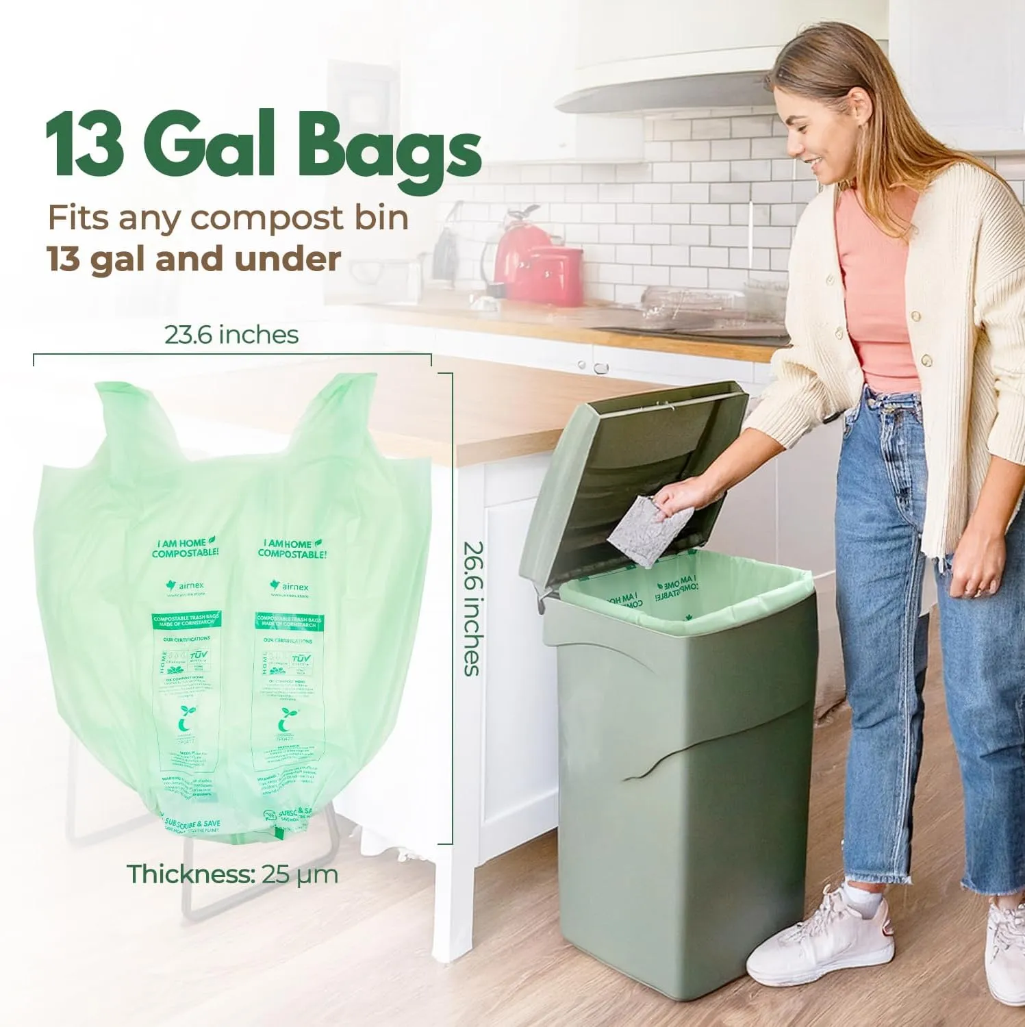 50 Count Compost Bags for Countertop Bin - 13 Gallon Compostable Trash Bags made of Cornstarch - Leakproof & Tear Resistant Biodegradable Trash Bags - OK Compost Home & Seedlings Certified