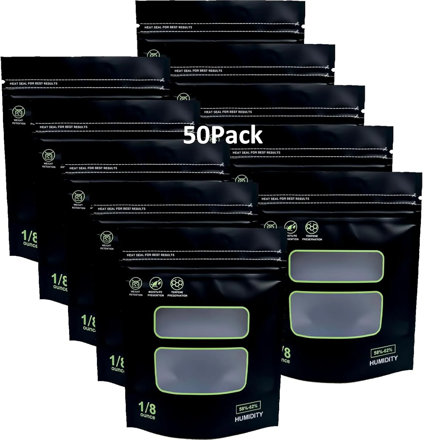 50pcs Storage Terp Bags - 58%-62% RH 2-Way Humidity Control Resealable Bags for Curing & Storage (1/8 oz)