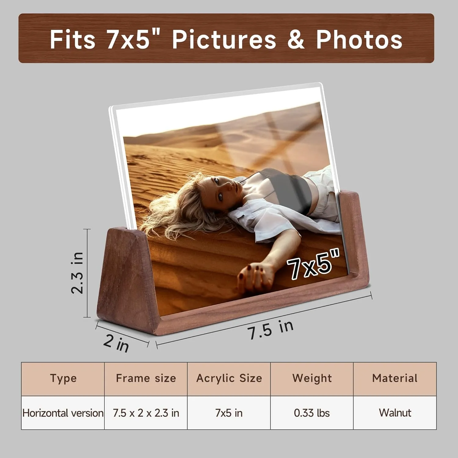 5x7 picture frames, Solid Rustic Wooden Photo Frames with Walnut Wood Base and High Definition Acrylic Glass Covers - for Tabletop or Desktop Display (5x7 inch, Horizontal)