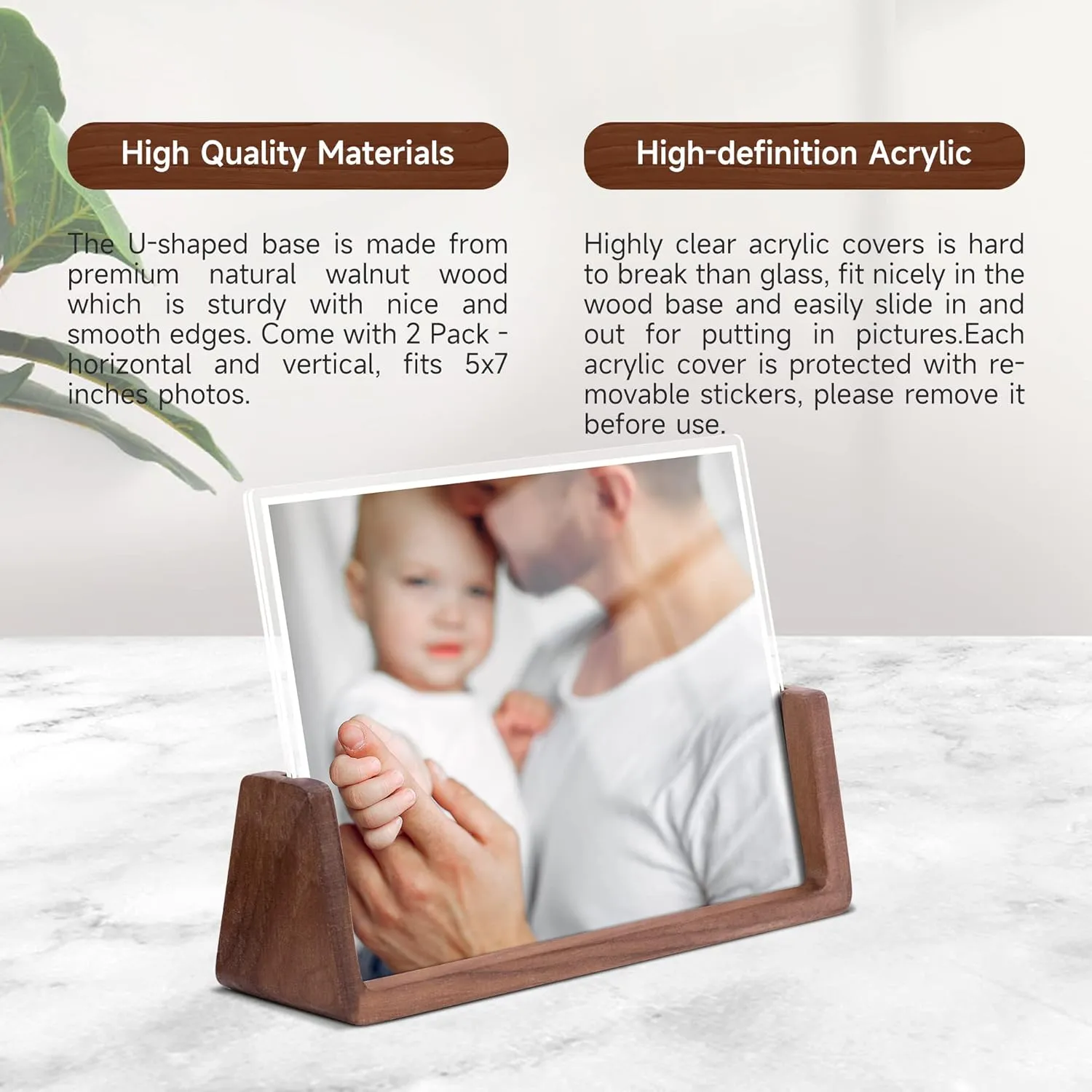 5x7 picture frames, Solid Rustic Wooden Photo Frames with Walnut Wood Base and High Definition Acrylic Glass Covers - for Tabletop or Desktop Display (5x7 inch, Horizontal)