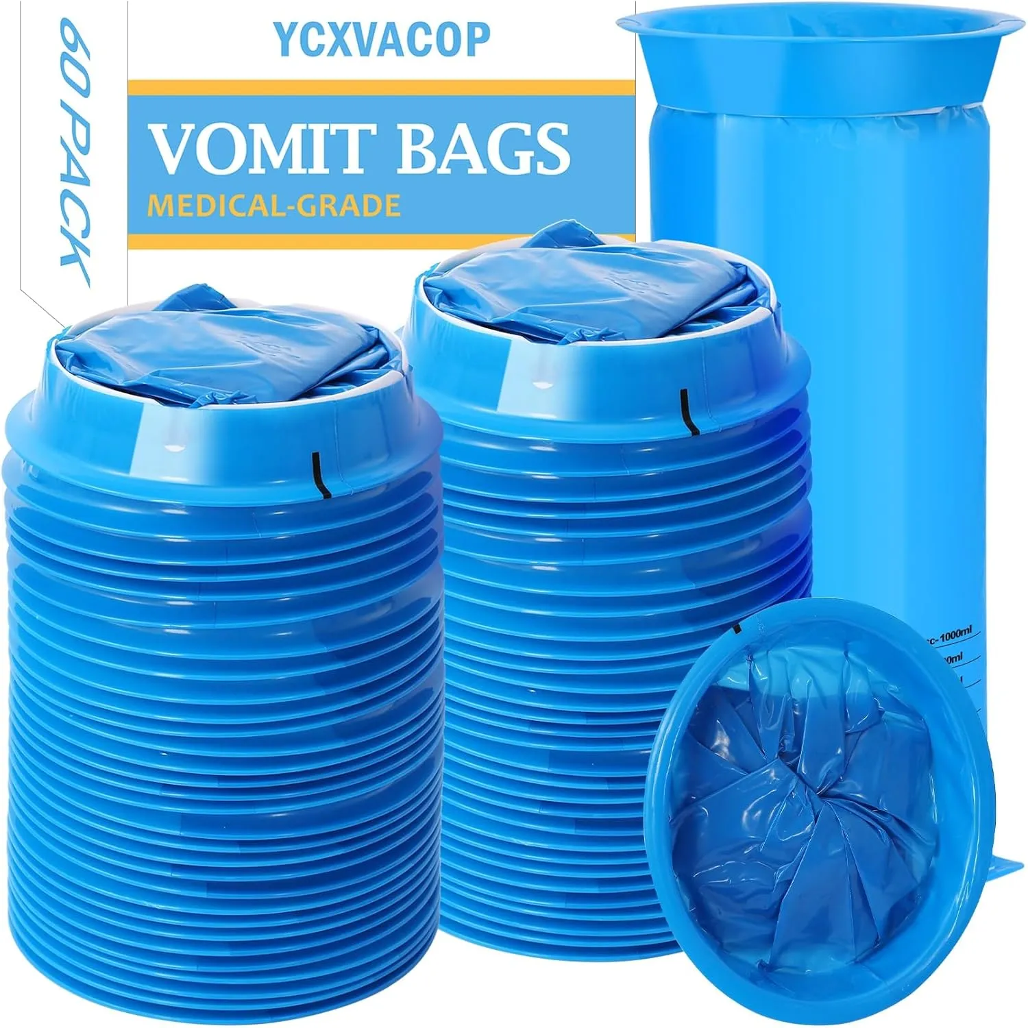 60 Pack Disposable Vomit Bags,1000 ml Emesis Bag,Nausea Bags for Travel Motion Sickness,Leak Resistant Barf Bags,Throw Up Bags,Puke Bag for Aircraft & Car Sickness,Morning Sickness,Blue