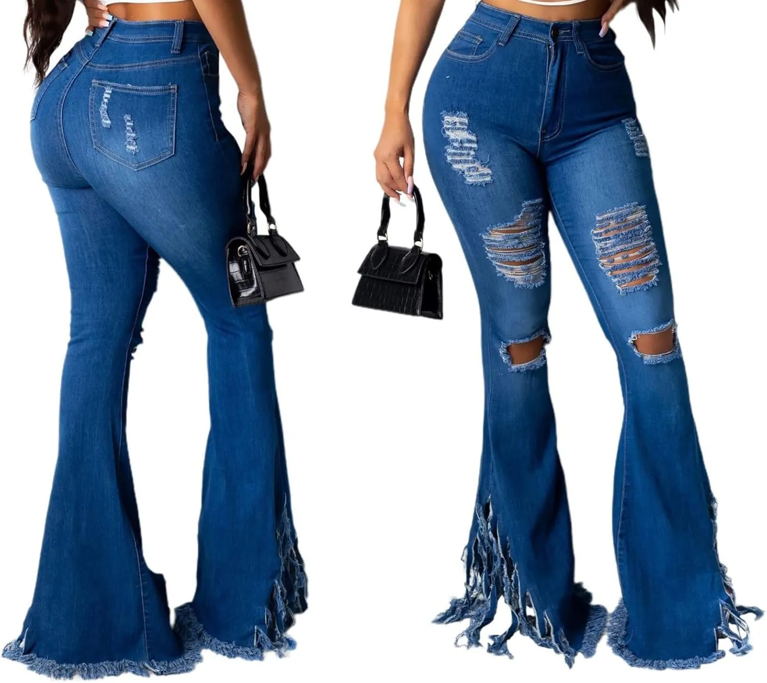 70s Bell Bottom Jeans for Women Elastic High Waisted Raw Hem Denim Pants Classic Vintage Flared Jeans