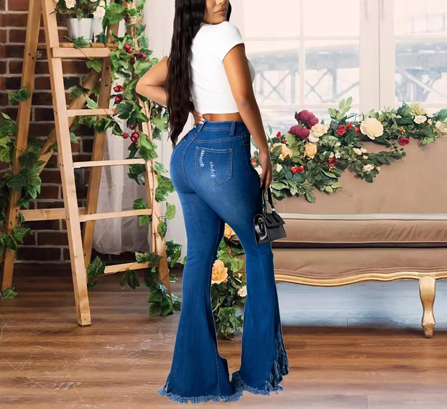 70s Bell Bottom Jeans for Women Elastic High Waisted Raw Hem Denim Pants Classic Vintage Flared Jeans