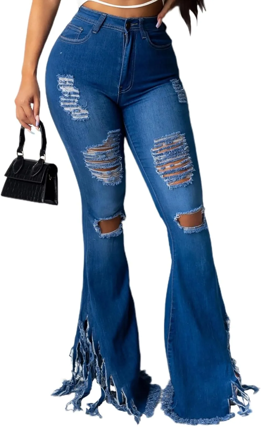70s Bell Bottom Jeans for Women Elastic High Waisted Raw Hem Denim Pants Classic Vintage Flared Jeans