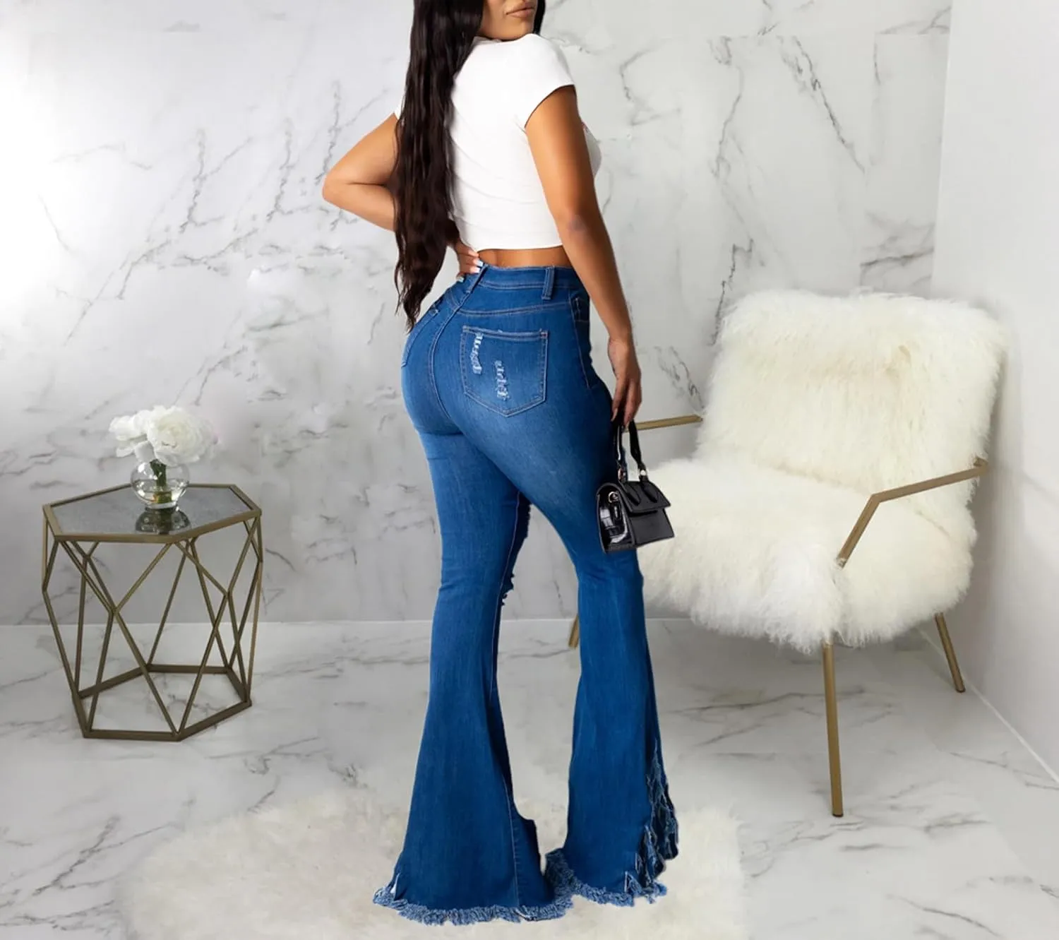 70s Bell Bottom Jeans for Women Elastic High Waisted Raw Hem Denim Pants Classic Vintage Flared Jeans