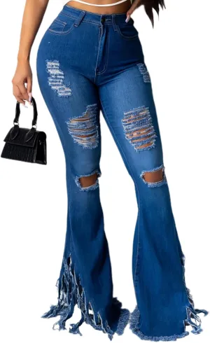 70s Bell Bottom Jeans for Women Elastic High Waisted Raw Hem Denim Pants Classic Vintage Flared Jeans