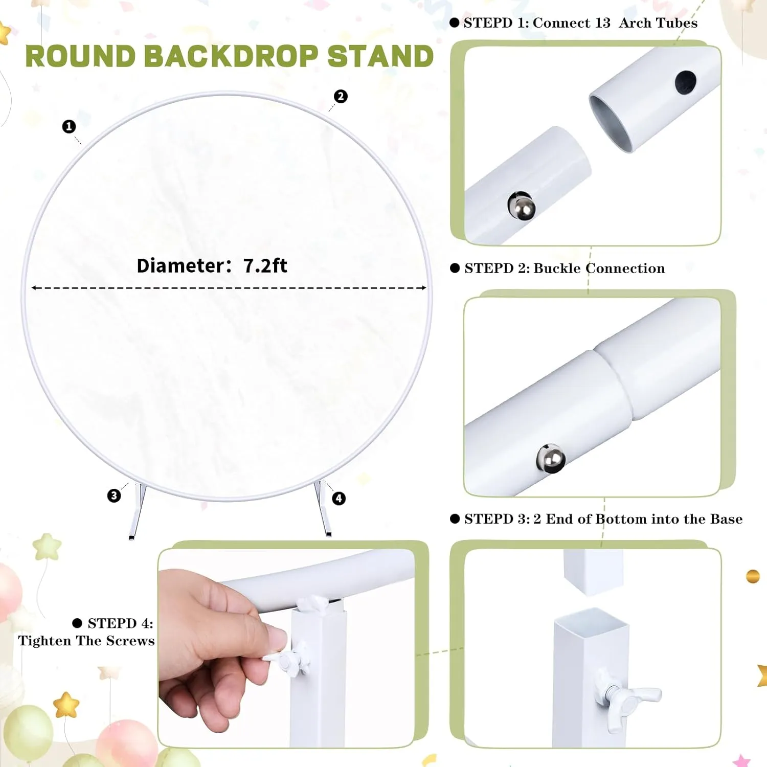 7.2ft Balloon Arch Stand White Metal Arch Backdrop Stand Circle Round Arch Frame Wedding Arch for Ceremony Birthday Party Anniversary Graduation Decoration