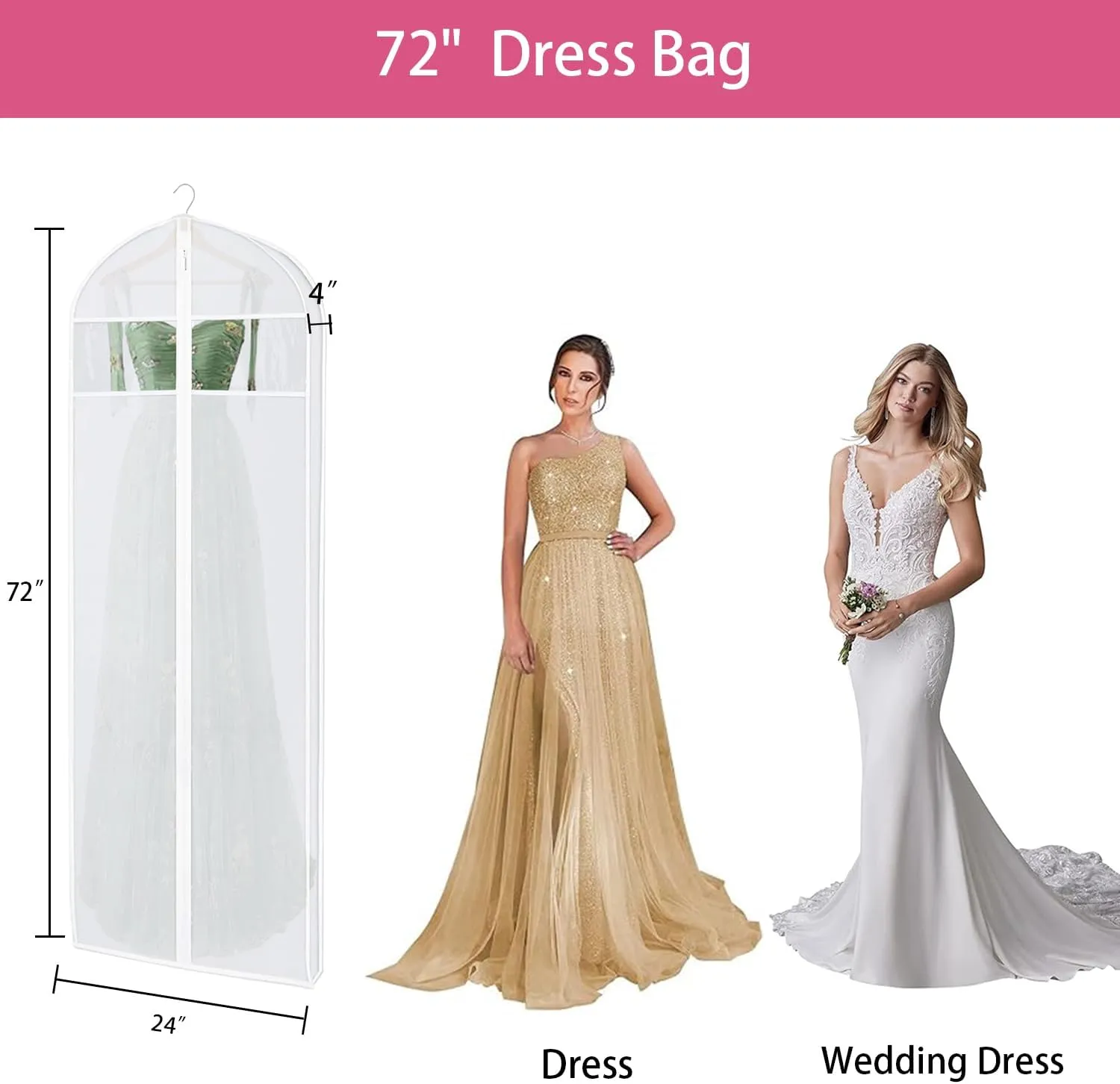 72" Dress Bags for Gowns Long, Wedding Dress Garment Bags for Hanging Clothes, Dress Bags for Closet Storage and Traveling, Foldable Dress Cover