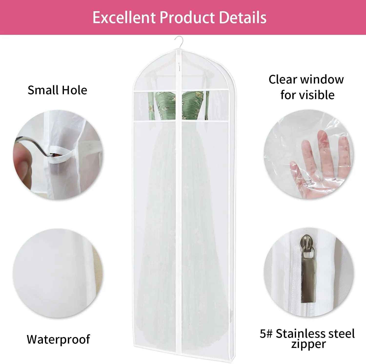 72" Dress Bags for Gowns Long, Wedding Dress Garment Bags for Hanging Clothes, Dress Bags for Closet Storage and Traveling, Foldable Dress Cover