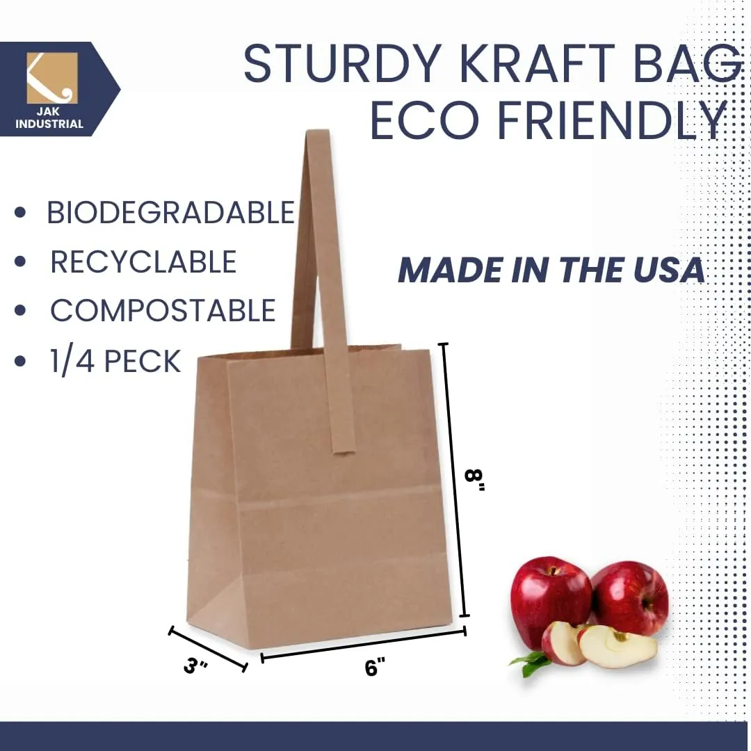 8 x 6 x 3.5 Inch Small Kraft Paper Bags with Paper Handles - Quarter Peck Apple/Produce Bag (100)