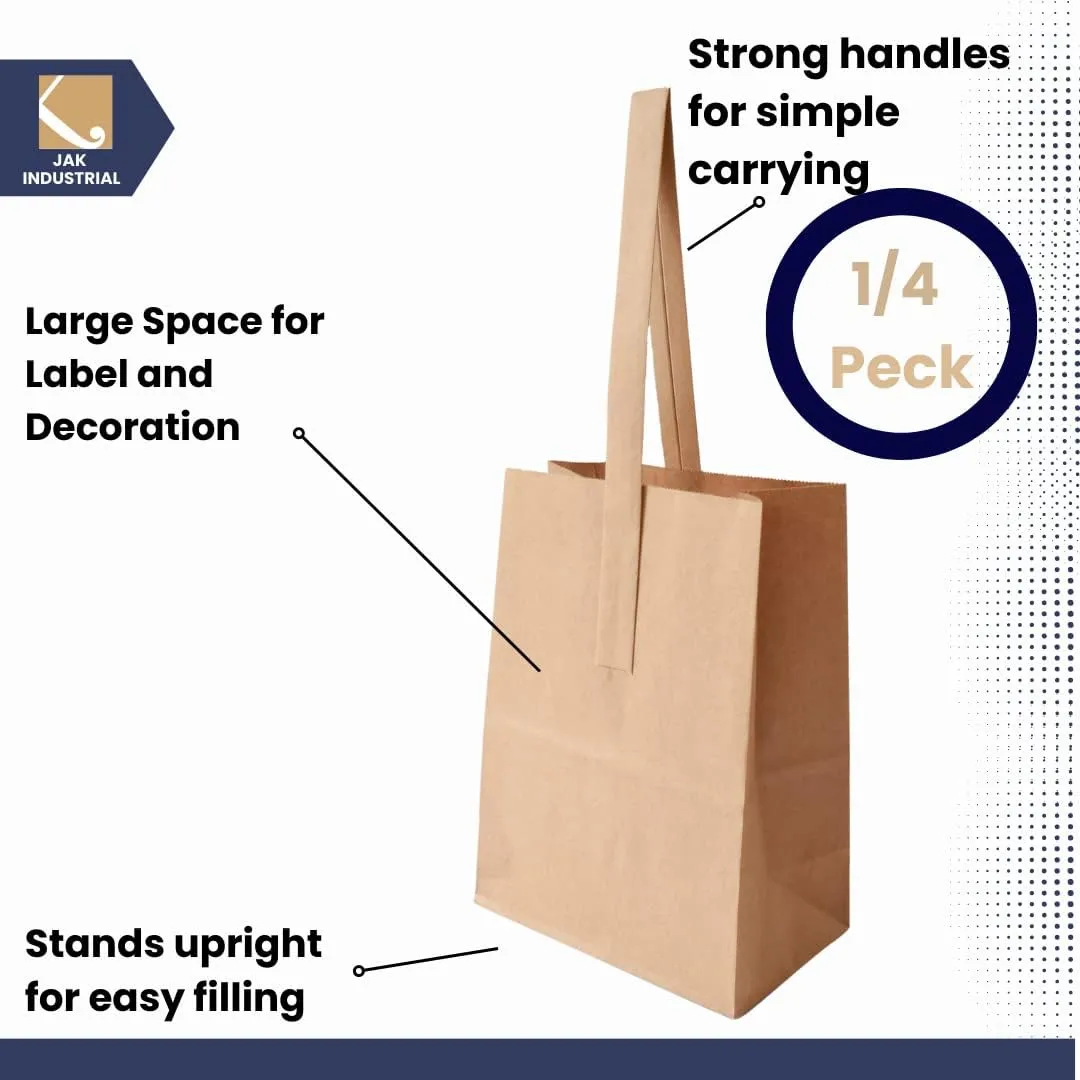 8 x 6 x 3.5 Inch Small Kraft Paper Bags with Paper Handles - Quarter Peck Apple/Produce Bag (100)