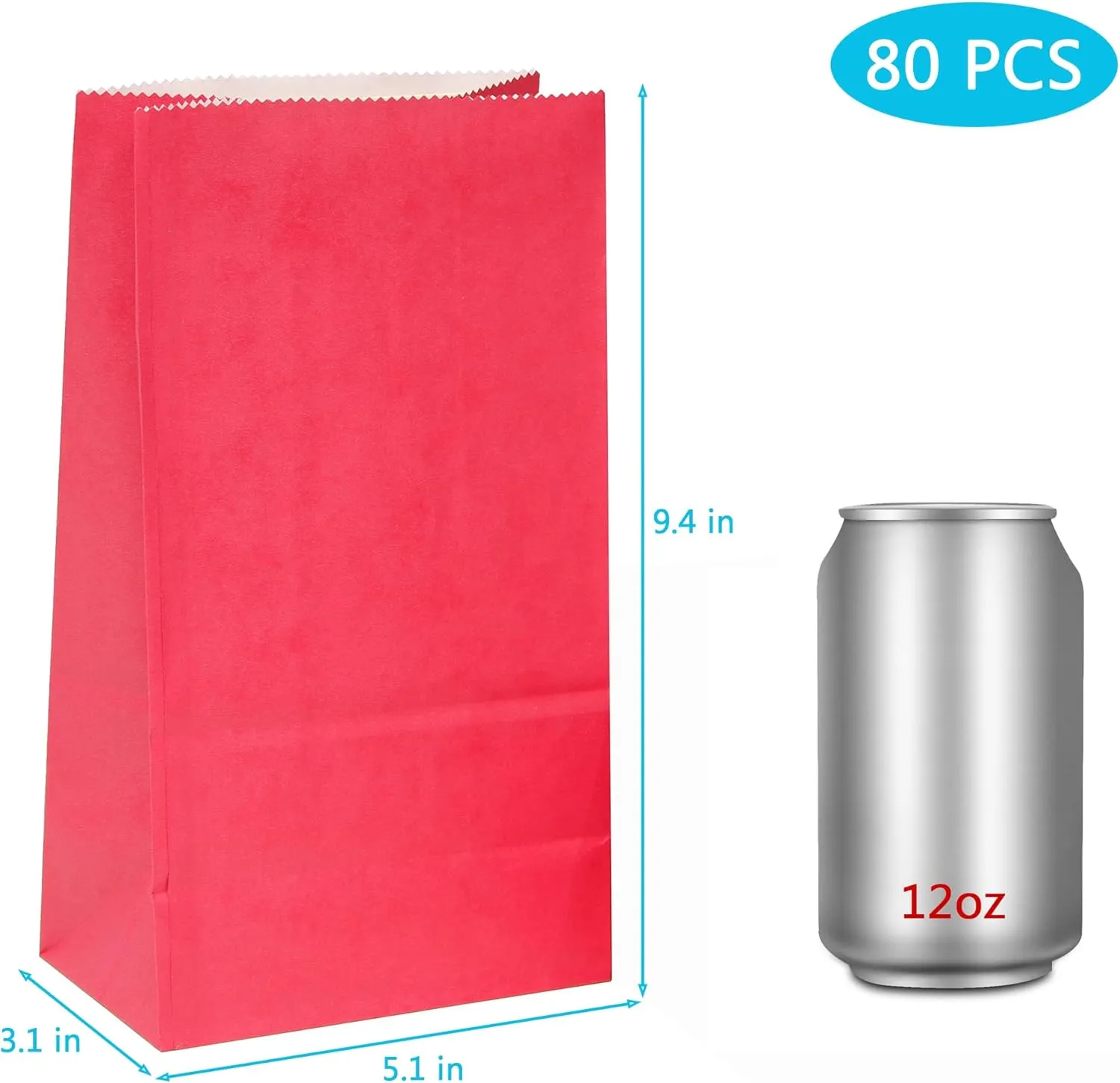 80Pcs Party Favor Small Paper Lunch Bags - Red Goody Gift Bags for Wedding, Kid's Birthday Party - 5.1x3.1x9.4 Inch
