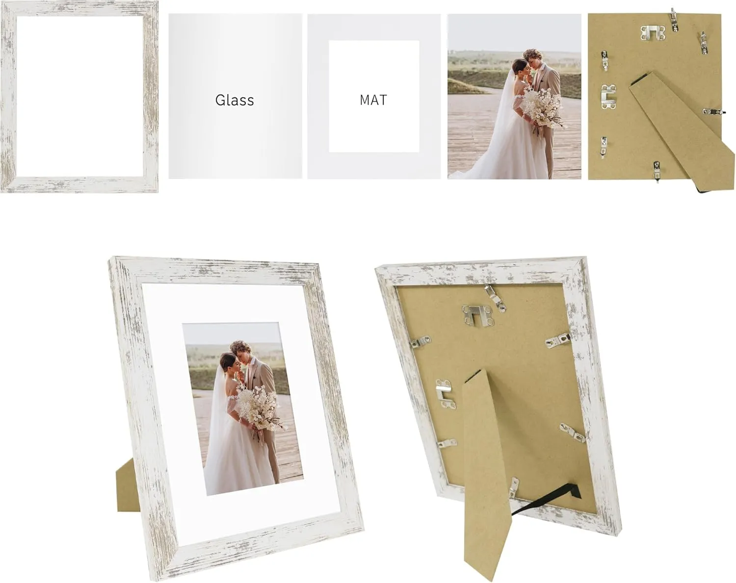 8x10 Picture Frame Set of 4, Made of Real Glass and Distressed White Wooden Frame, 8 by 10 Photo for Wall or Tabletop - Display Picture 5x7 with Mat or 8x10 Without Mat