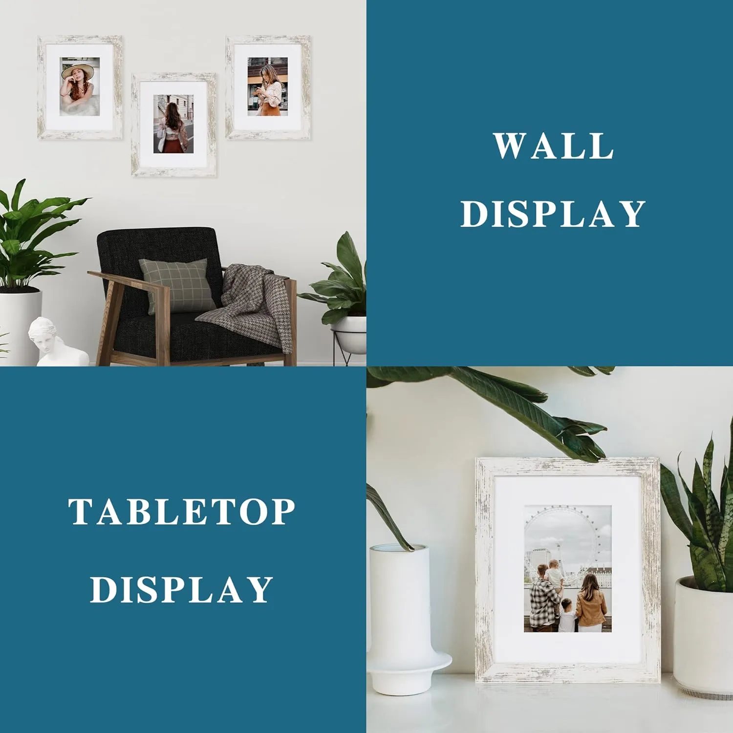 8x10 Picture Frame Set of 4, Made of Real Glass and Distressed White Wooden Frame, 8 by 10 Photo for Wall or Tabletop - Display Picture 5x7 with Mat or 8x10 Without Mat